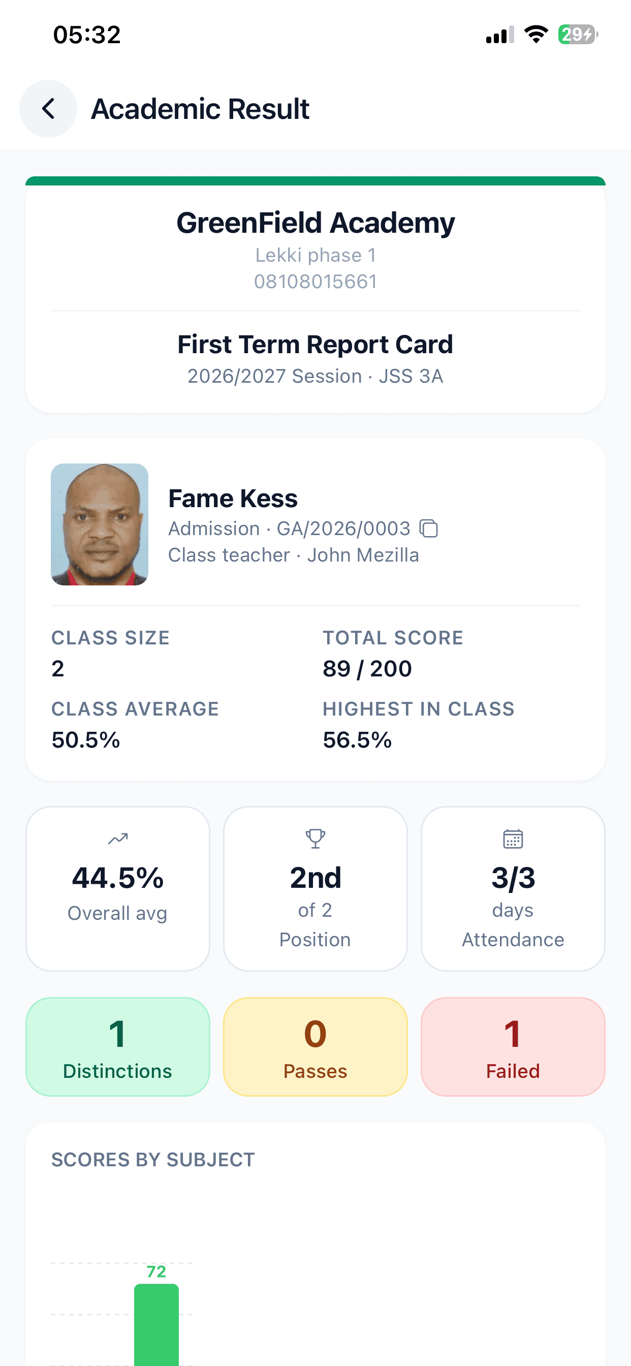 Student academic result displayed in the SkoolDrive parent mobile app