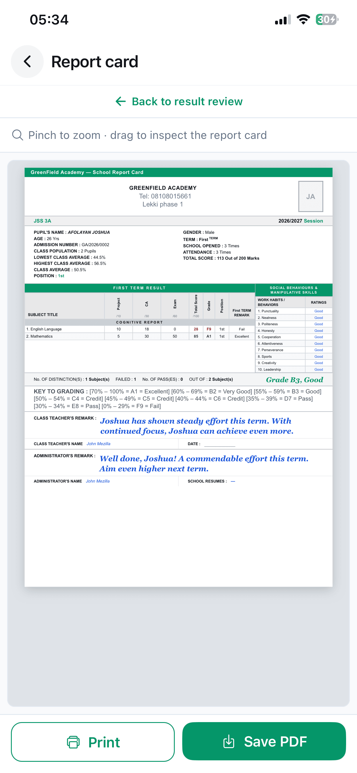 Printable school report card preview in the SkoolDrive mobile app