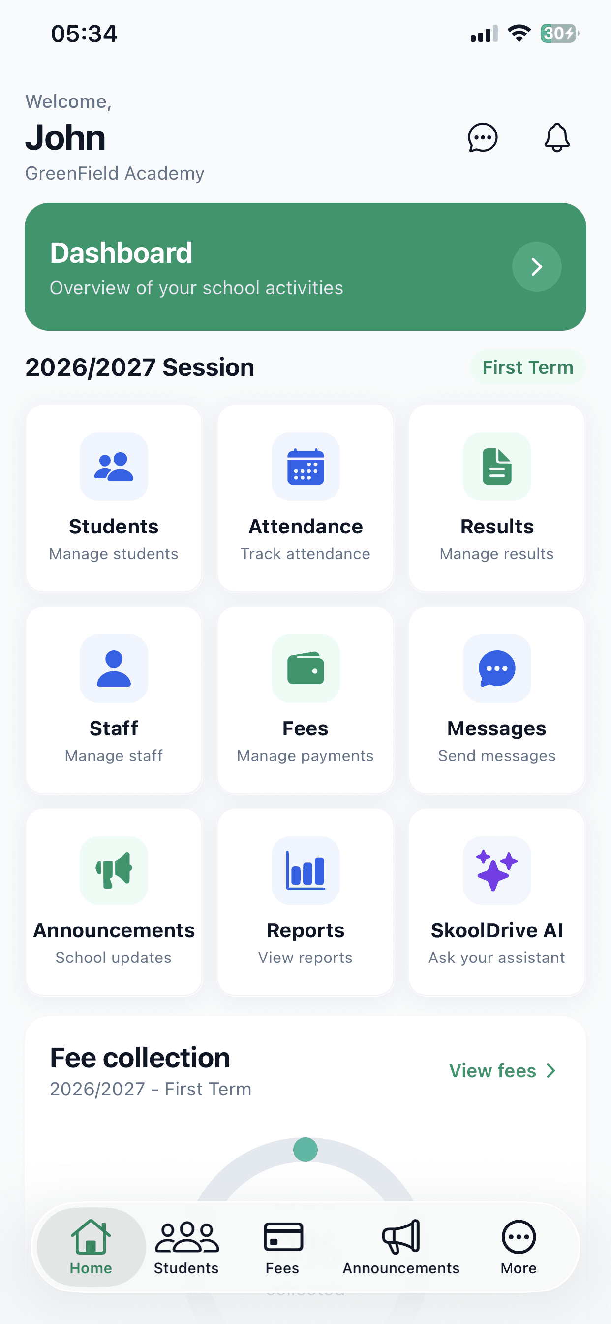 SkoolDrive school administrator mobile dashboard for students, attendance, results, fees and reports