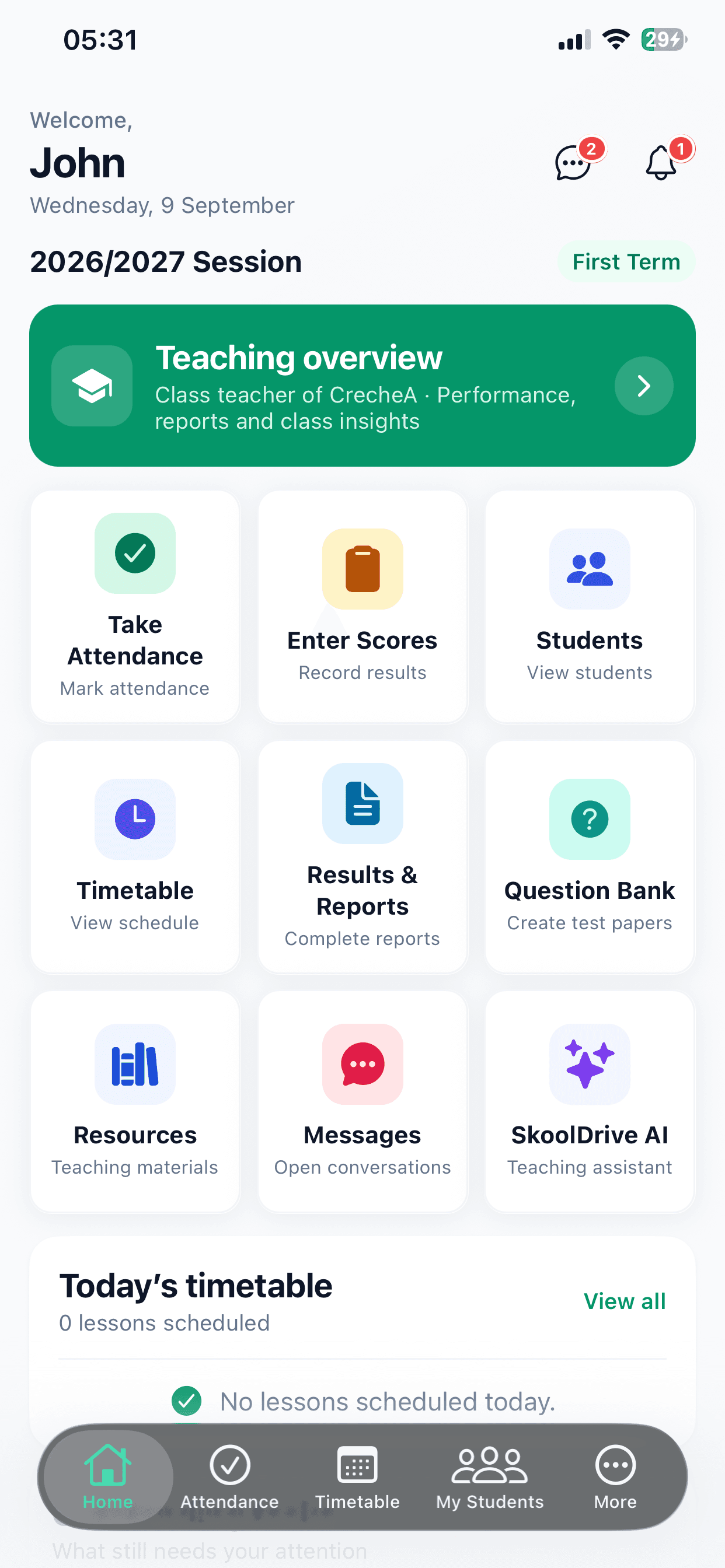 SkoolDrive teacher mobile app for attendance, score entry, students, timetable and question bank